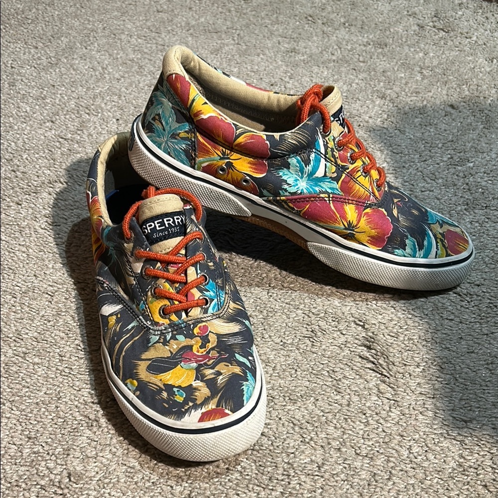 Sperry Tropical Print Sneakers with Orange Laces